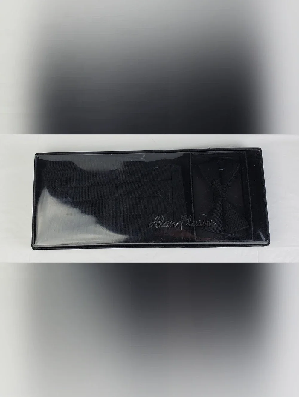 Alan Flusser Black Two Bow Ties and Cummerbund Silk Blend Boxed Set - EUC